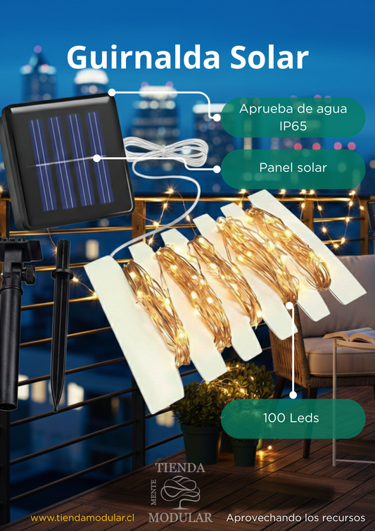 Guirnalda Solar de 12 Metros y 100 LEDs - Luces de Hada Impermeables para Exterior