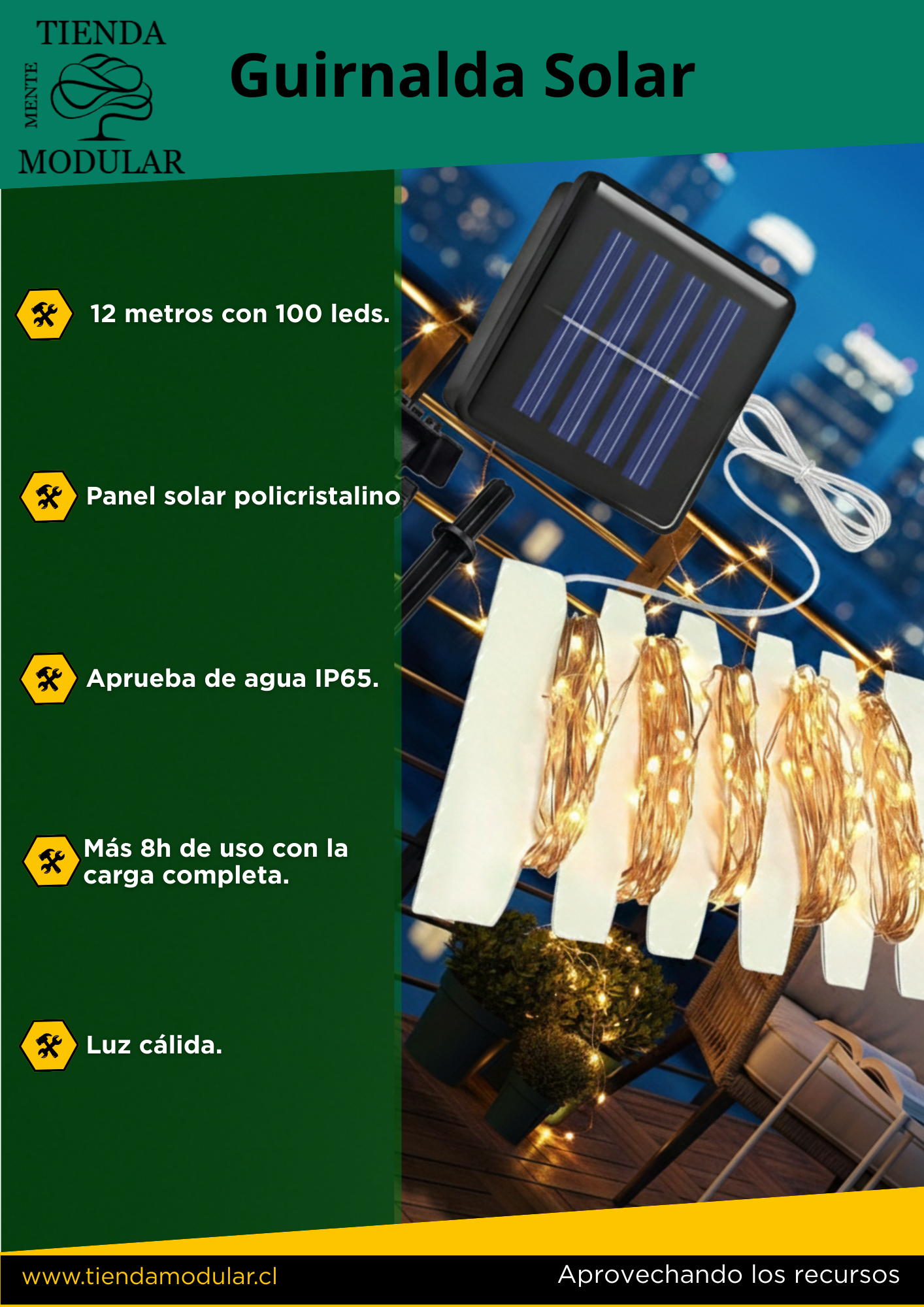 Guirnalda Solar de 12 Metros y 100 LEDs - Luces de Hada Impermeables para Exterior