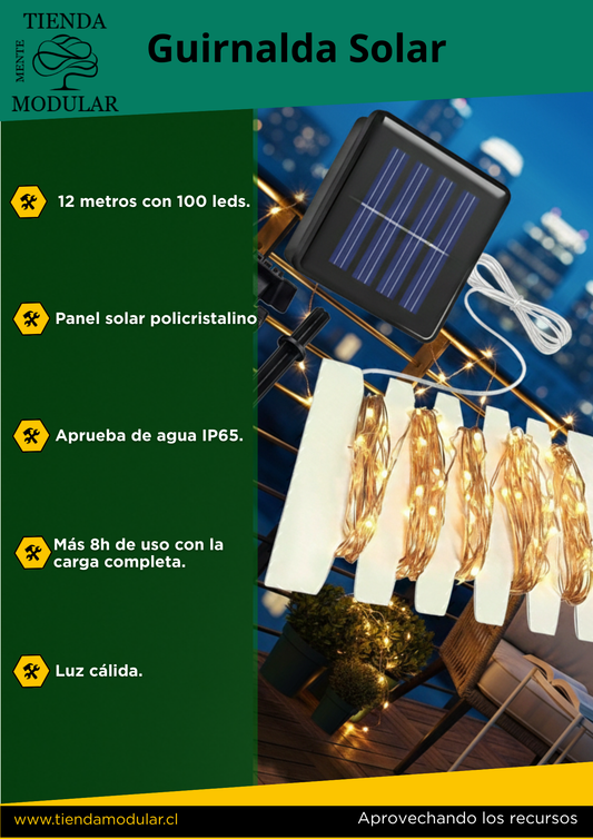 Guirnalda Solar de 12 Metros y 100 LEDs - Luces de Hada Impermeables para Exterior