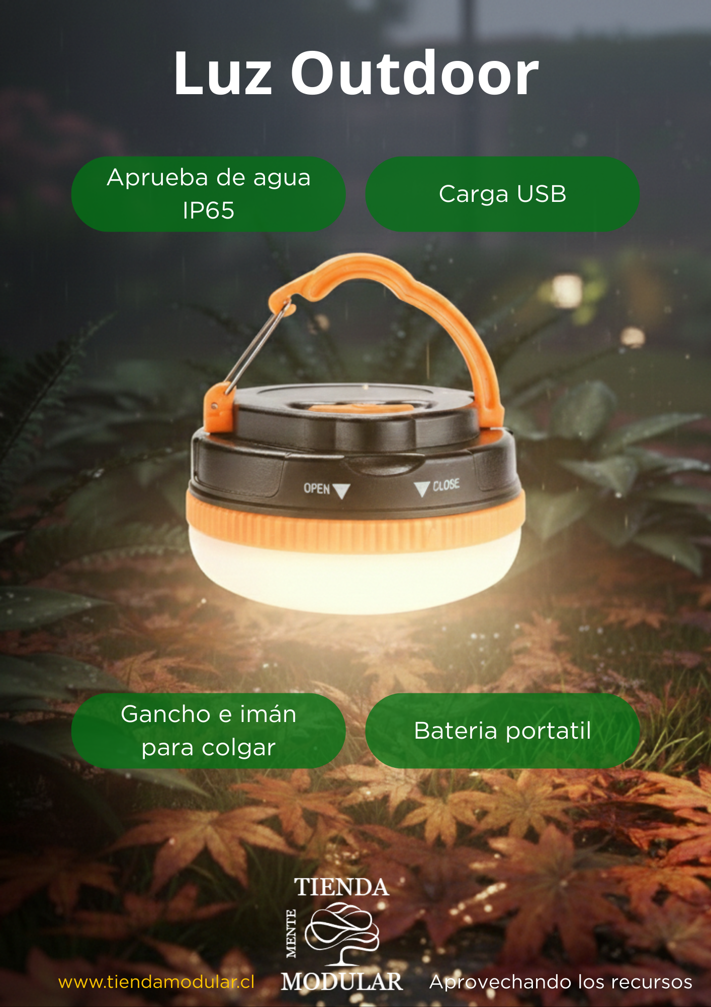 Lámpara de Camping Pro: 3 Modos, Base Magnética y Carga USB-C