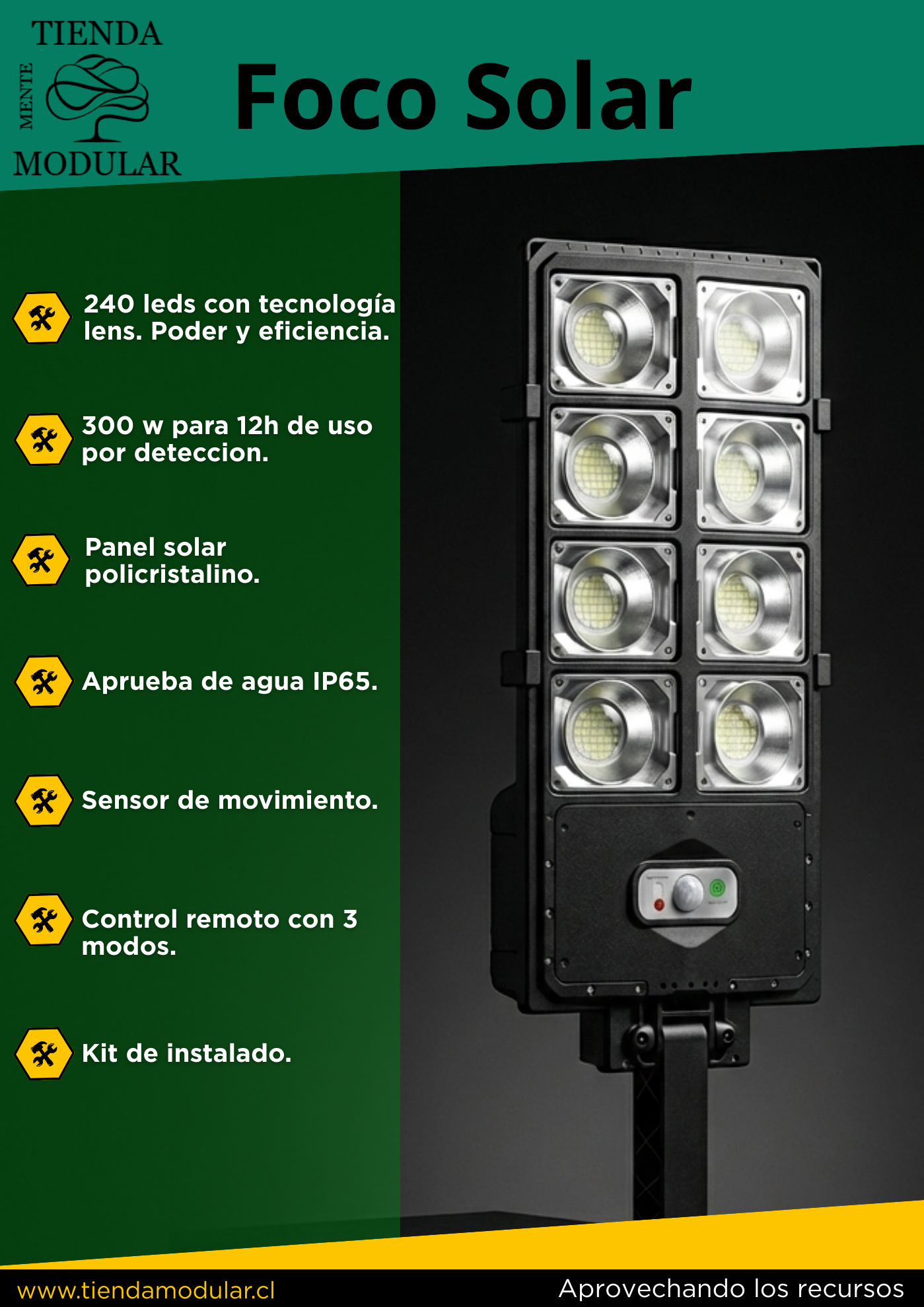 Foco Solar LED 300W con Lentes de Alta Potencia - 240 LEDs con Lupa y Sensor de Movimiento