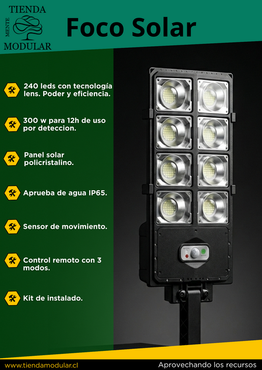 Foco Solar LED 300W con Lentes de Alta Potencia - 240 LEDs con Lupa y Sensor de Movimiento