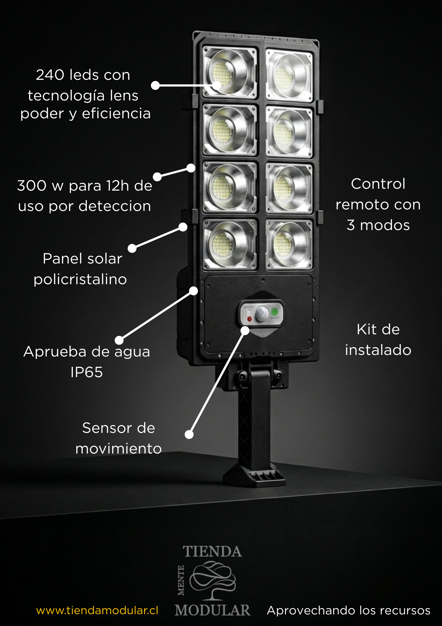 Foco Solar LED 300W con Lentes de Alta Potencia - 240 LEDs con Lupa y Sensor de Movimiento