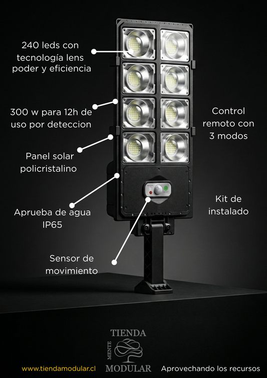 Foco Solar LED 300W con Lentes de Alta Potencia - 240 LEDs con Lupa y Sensor de Movimiento